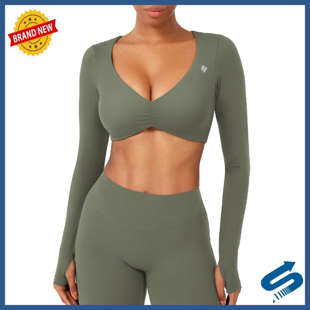 Long Sleeve Crop Top with Thumb Holes, Built-In Bra, Ruched Detail